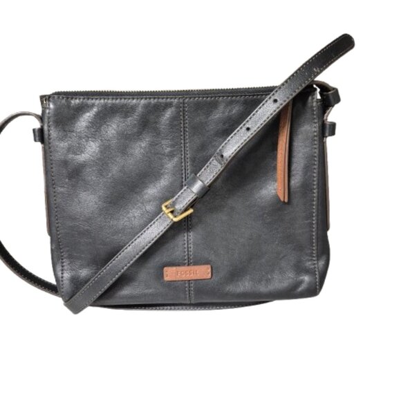 Fossil Black leather with Brown Accent Crossbody Shoulder Bag - Picture 1 of 15